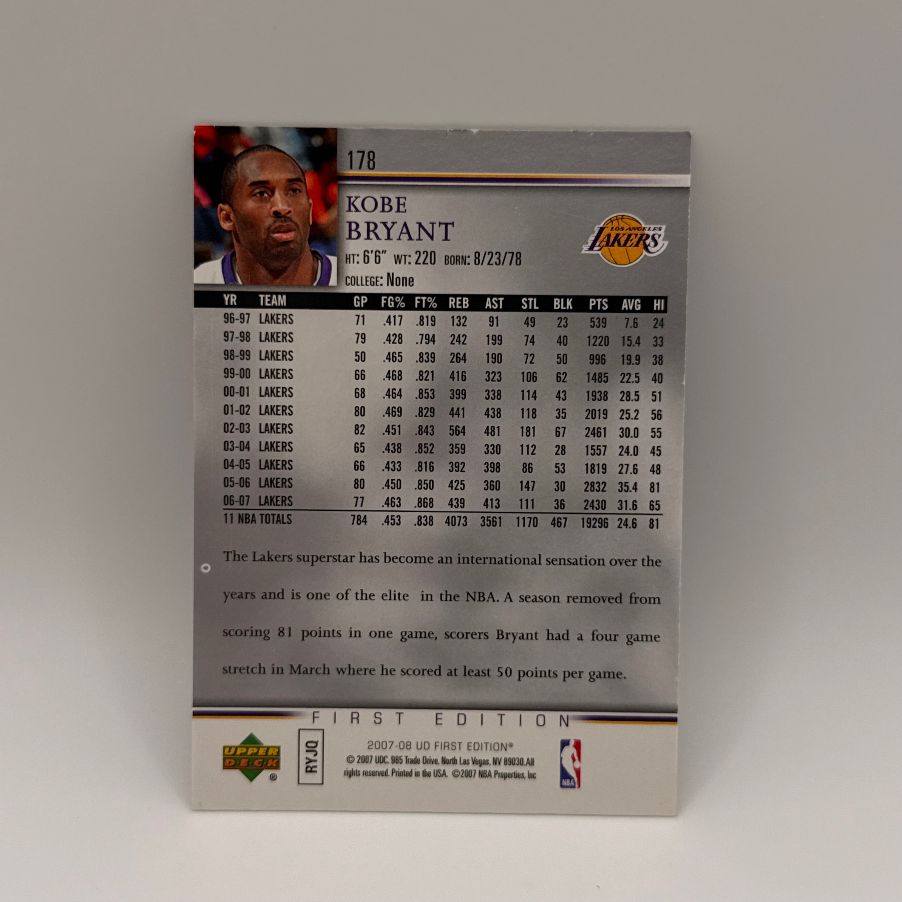 KOBE BRYANT #178 2007-2008 UPPER DECKER COLLECTIVE CARD